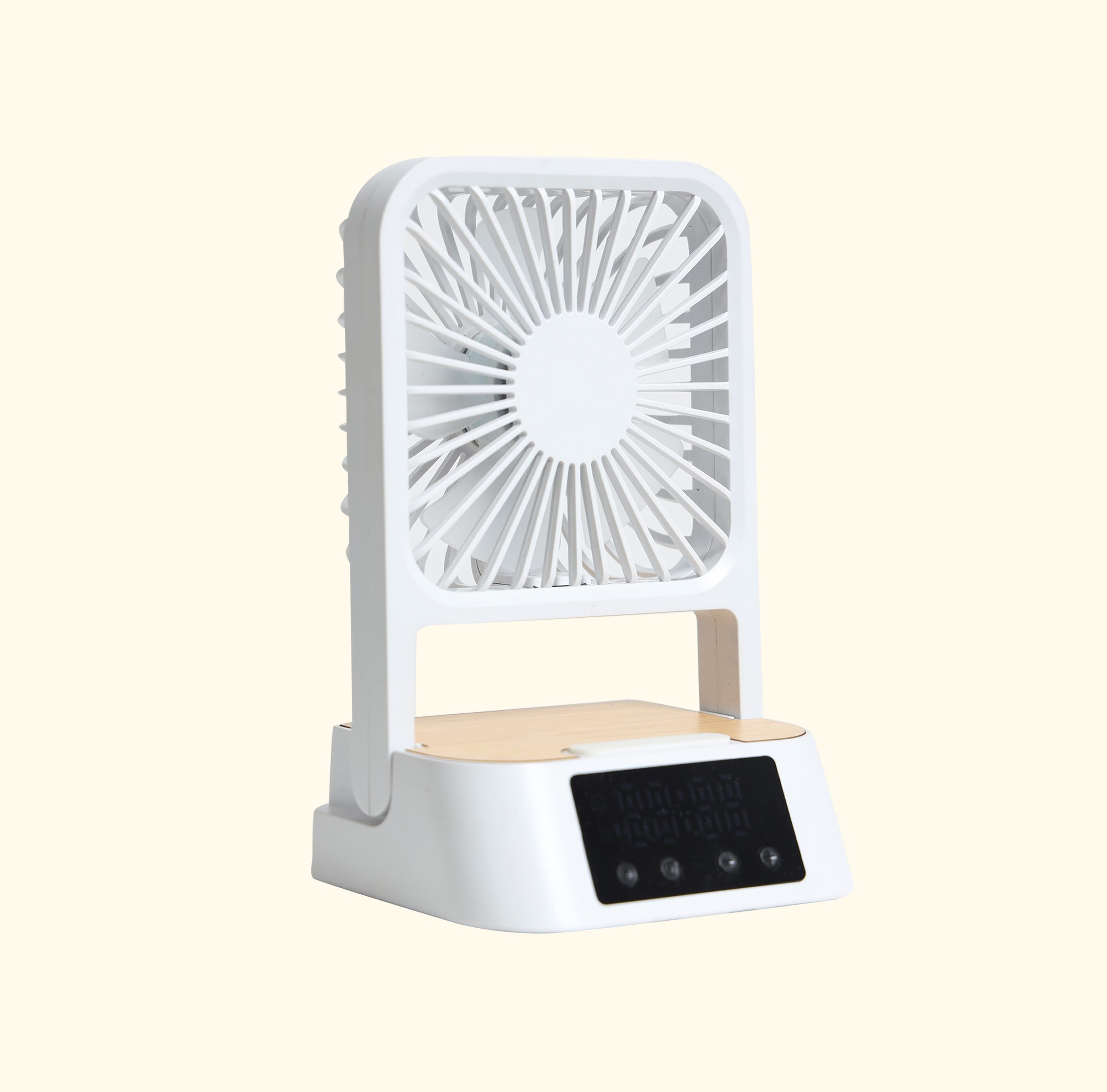 5 in 1 Desk fan, clock, alarm, charging station, mobile stand