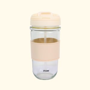 Glass mug with dual sipper lid and mobile stand