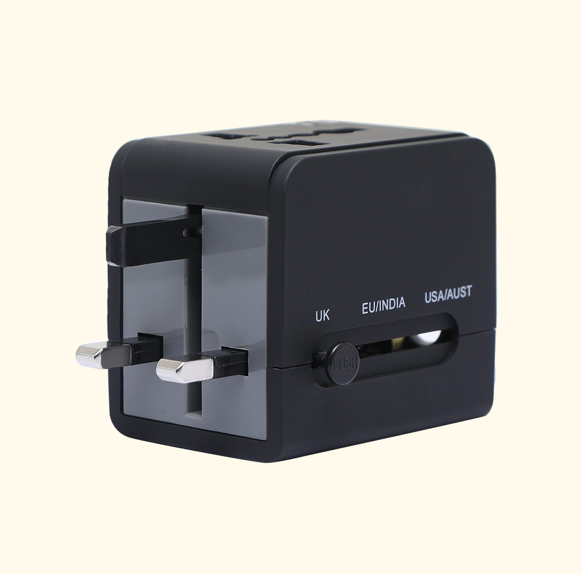 Universal travel adapter with Type C and USB ports